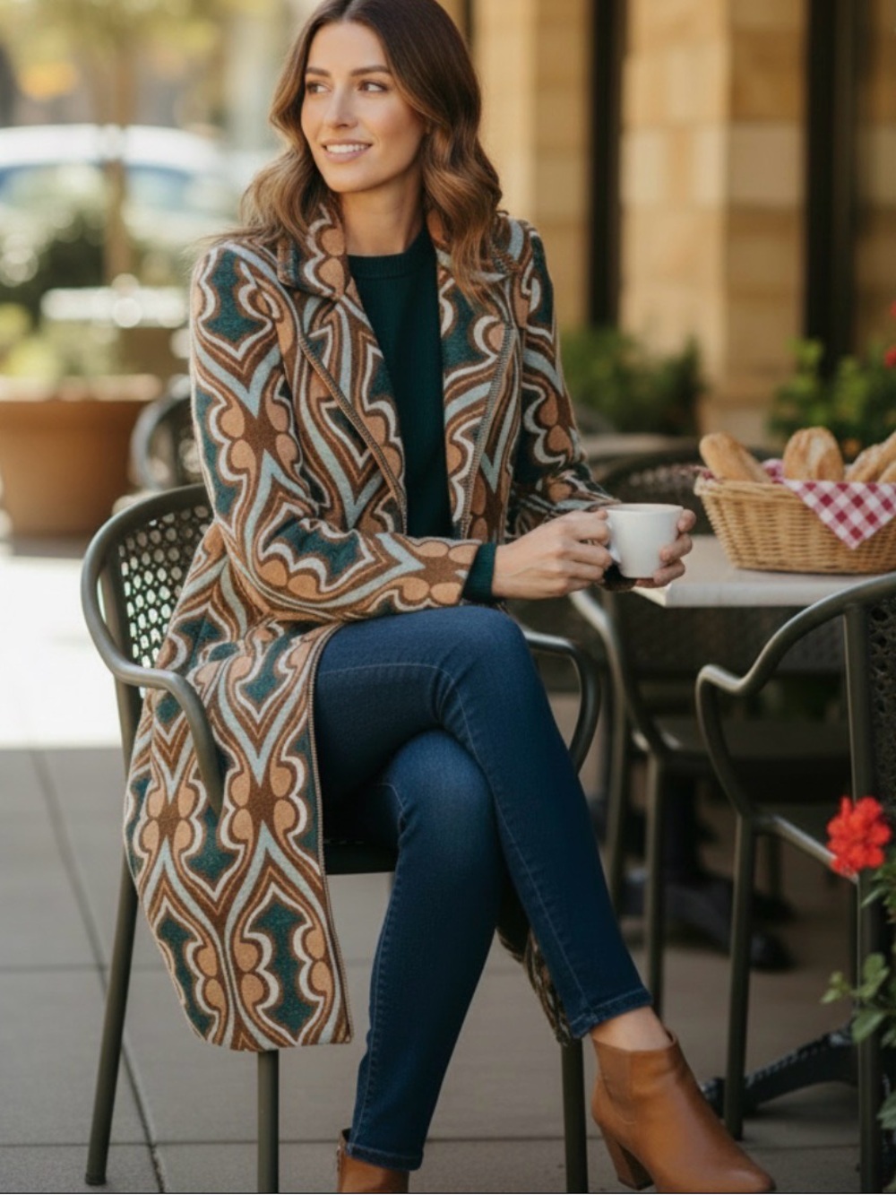 Dixie Italian Made Duster Jacket S Blue Brown Cotton Blend Boyfriend Silhouette